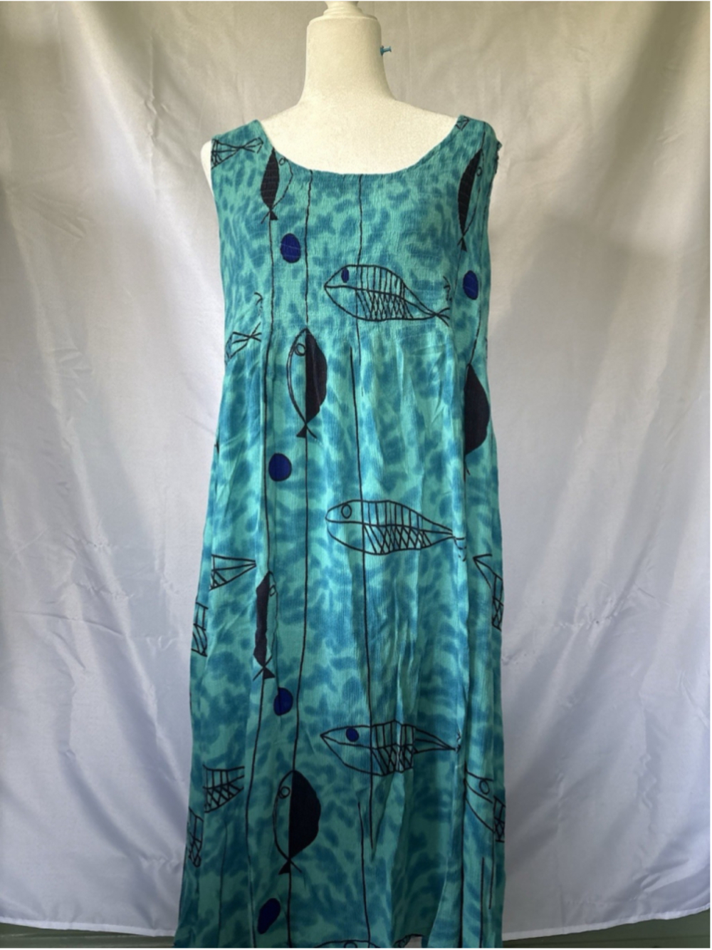 Kaktus Womens Sundress Sleeveless Rayon Coastal Art To Wear Blue Fish